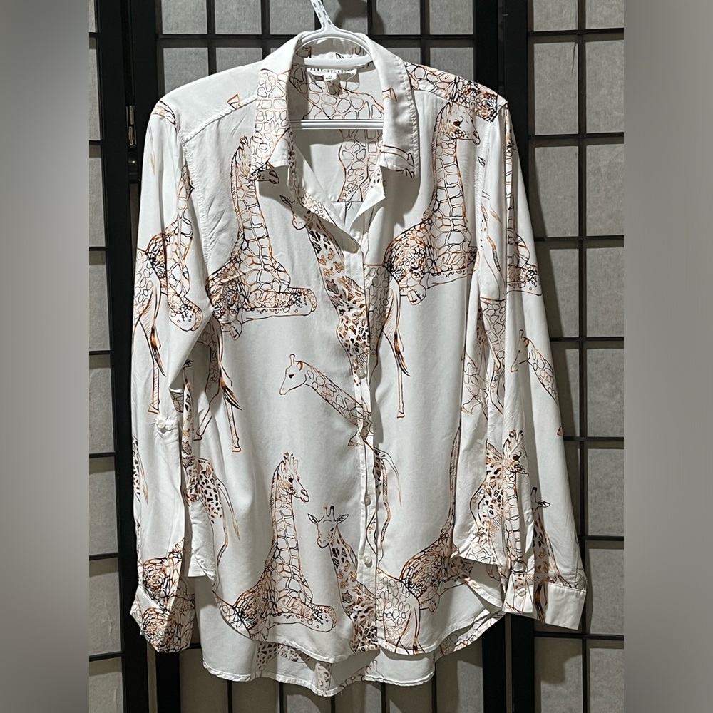 JANE DELANCEY Giraffe Print Button-Up Blouse - Cream & Brown SIZE XL